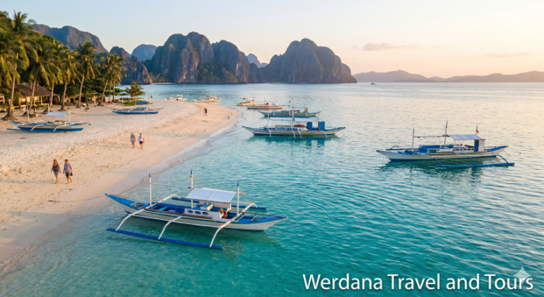 Белоснежный песчаный пляж на Себу, Филиппины, с кристально чистой бирюзовой водой, традиционными филиппинскими лодками-аутригерами бангка, пальмами и виднеющимися вдалеке карстовыми горами на закате в золотой час.